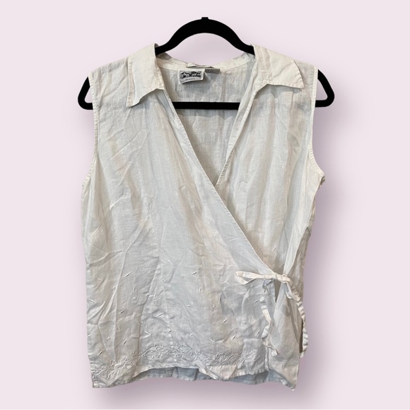 Edward Tops - Edward Irish Linen Sleeveless Collar Wrap Top White Size Large